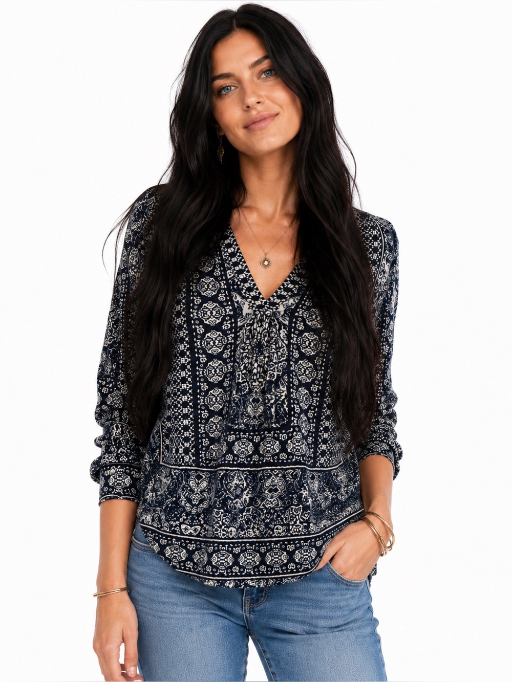 Lucky Brand Boho Bandana Print V-Neck Long Sleeve Top Women’s Small